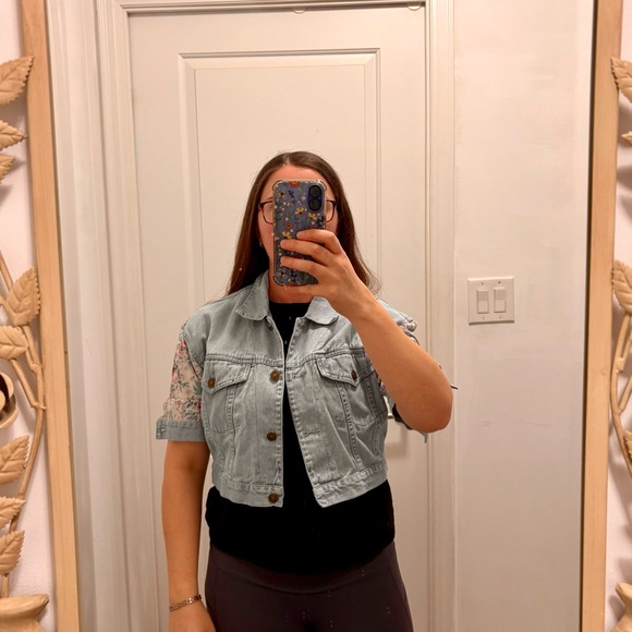 Denim Jacket with Floral Sleeves - Picture 2 of 5